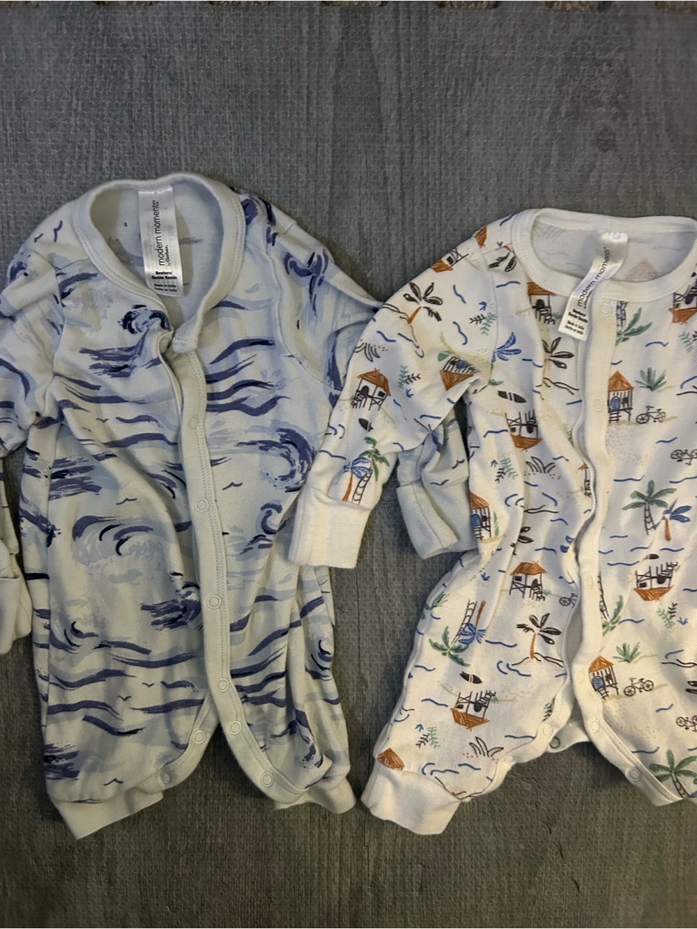 2 baby onesies. White & Blue Wave-Print Baby Footed One-Piece